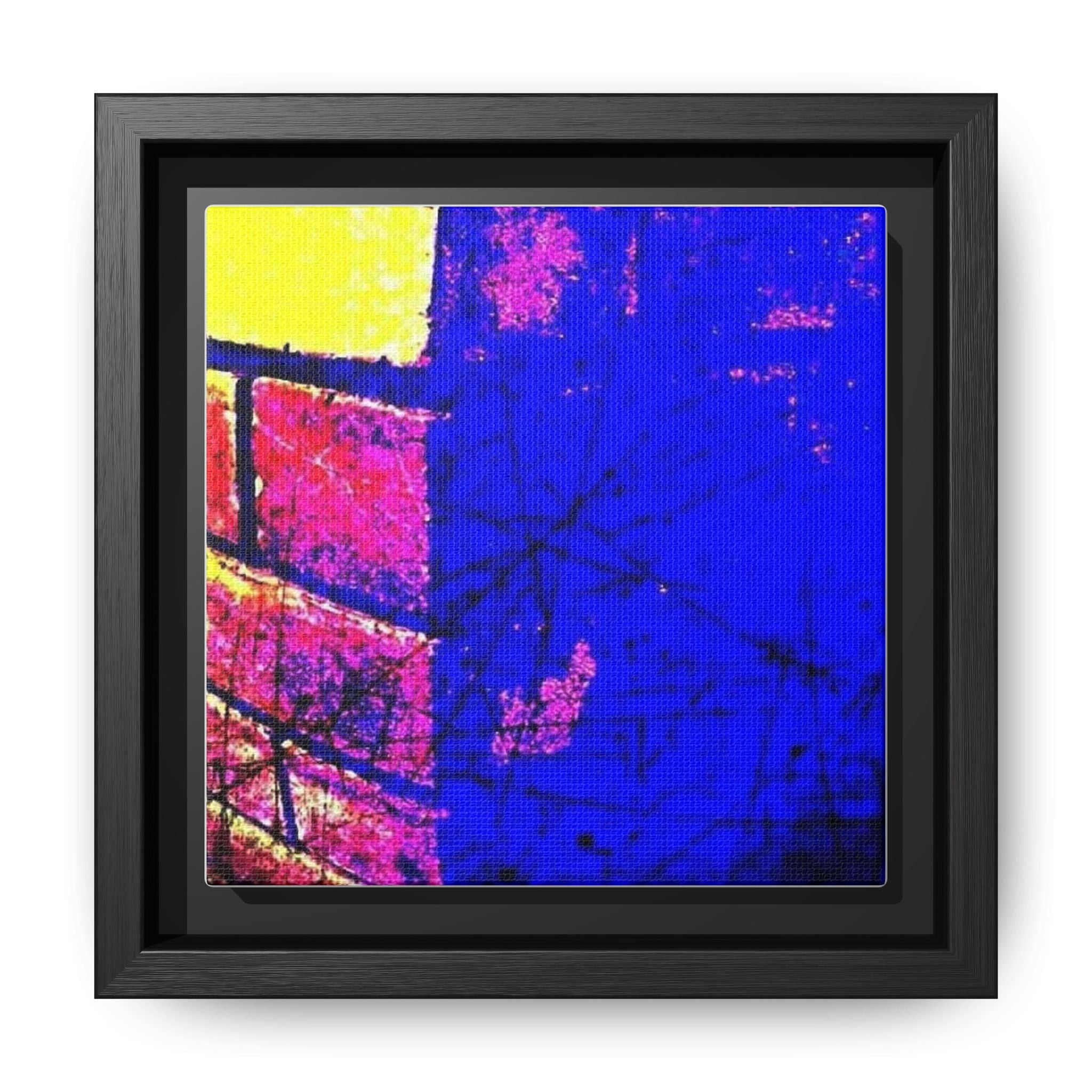 Abstract Pop Art Framed Canvas – Vibrant Blue & Neon Brick Wall Print