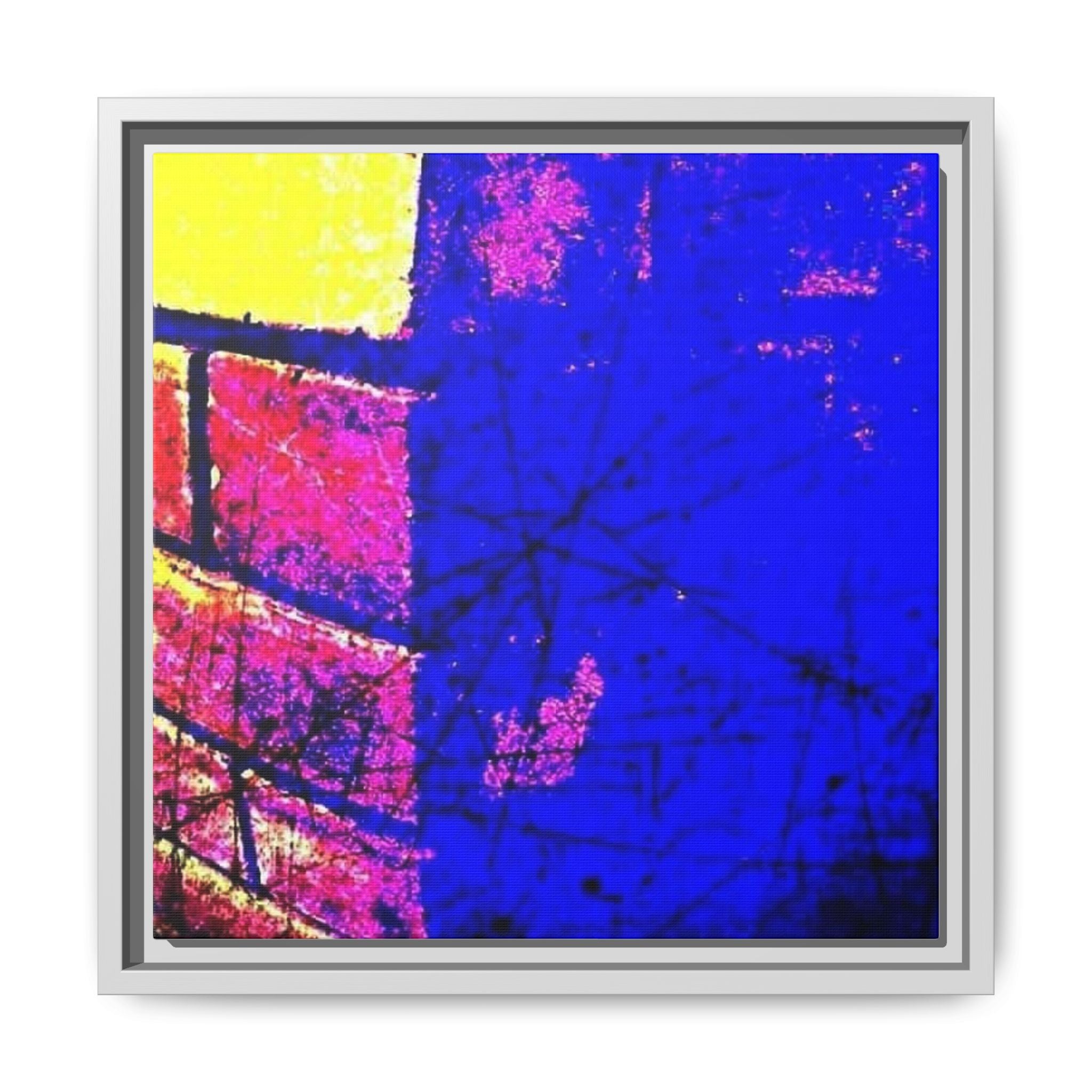 Abstract Pop Art Framed Canvas – Vibrant Blue & Neon Brick Wall Print