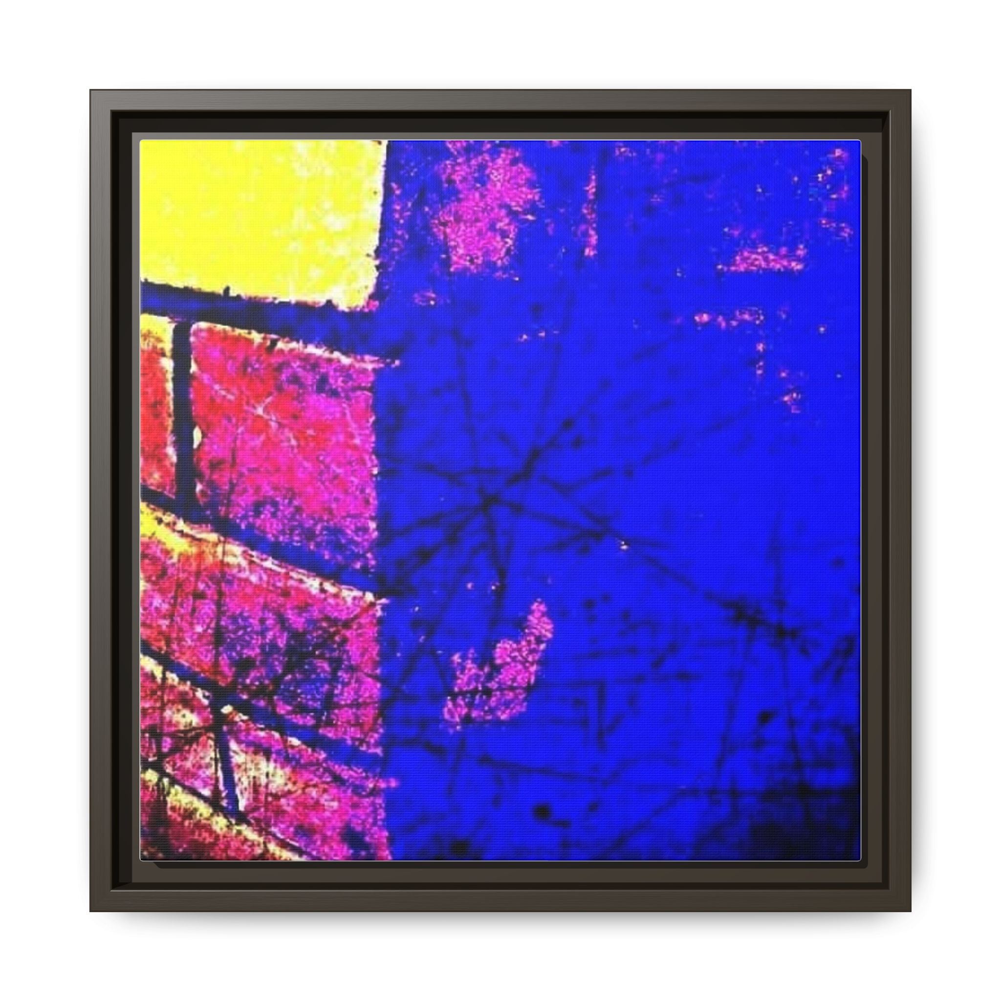 Abstract Pop Art Framed Canvas – Vibrant Blue & Neon Brick Wall Print