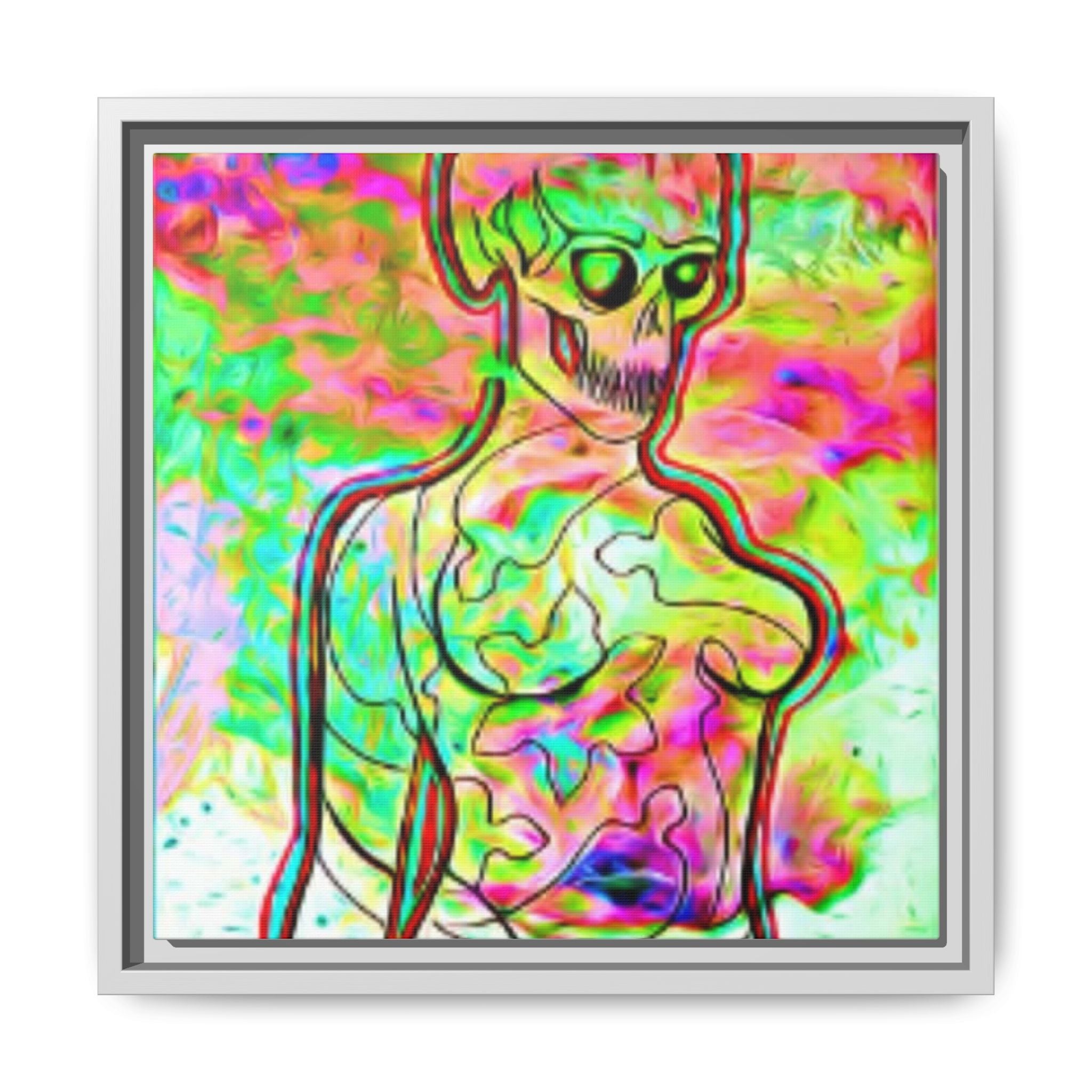 PSYCHEDELIC SKELETON Matte Framed Canvas — Neon Abstract Skull Art Print