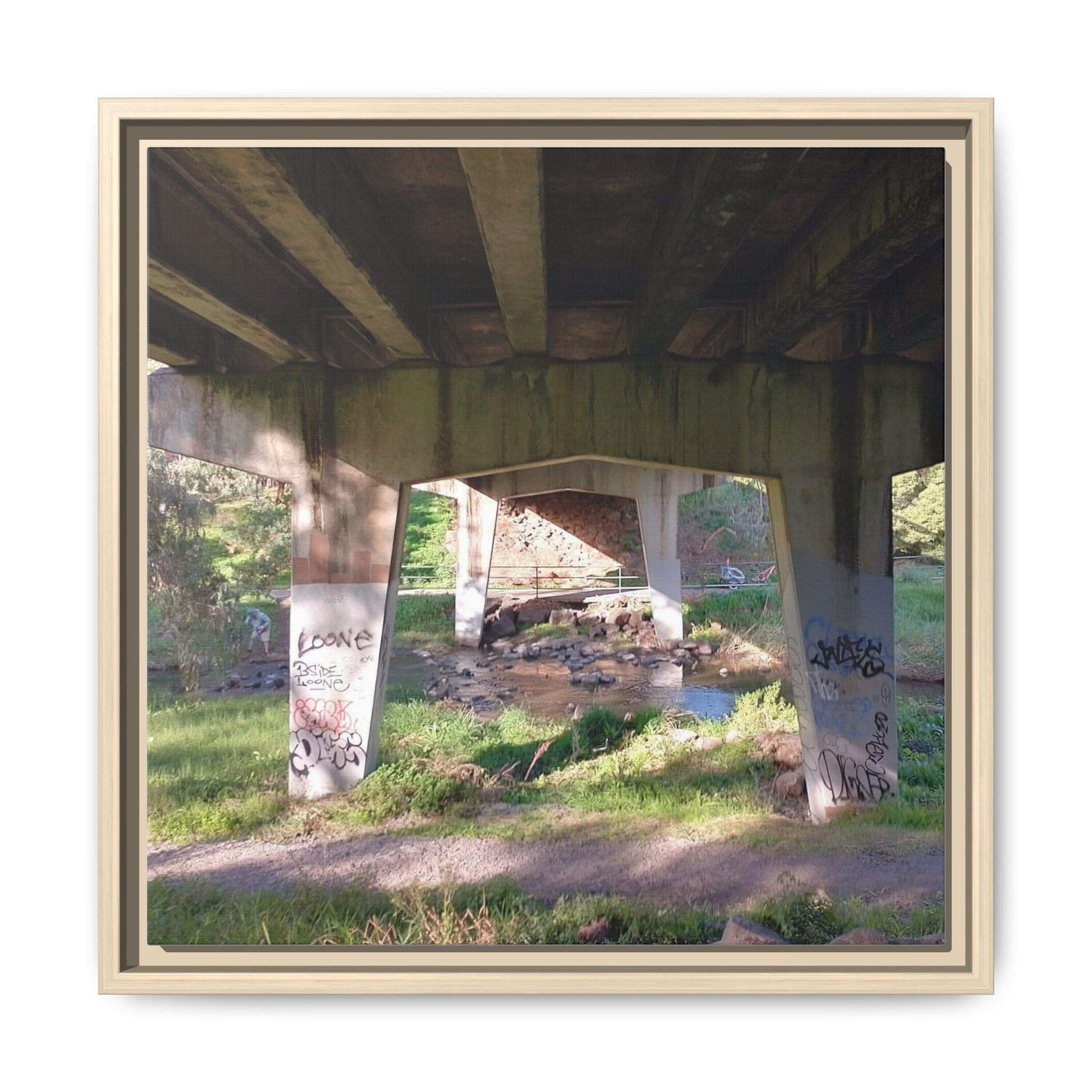 TROLL KINGDOM Framed Matte Canvas Print — Sunlit Bridge Underpass Photography