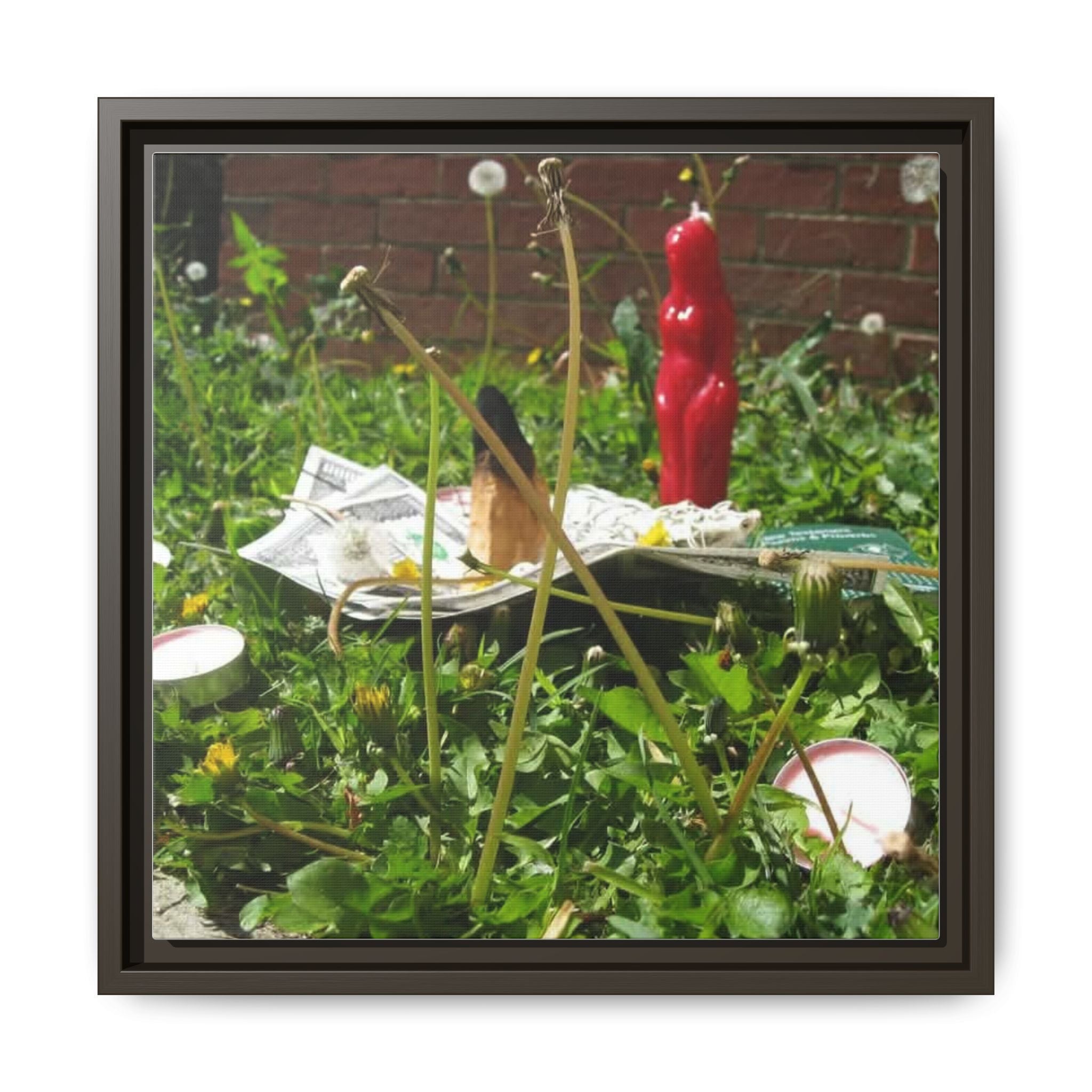 Framed Matte Canvas Print — Urban Garden Still Life with Red Figurine