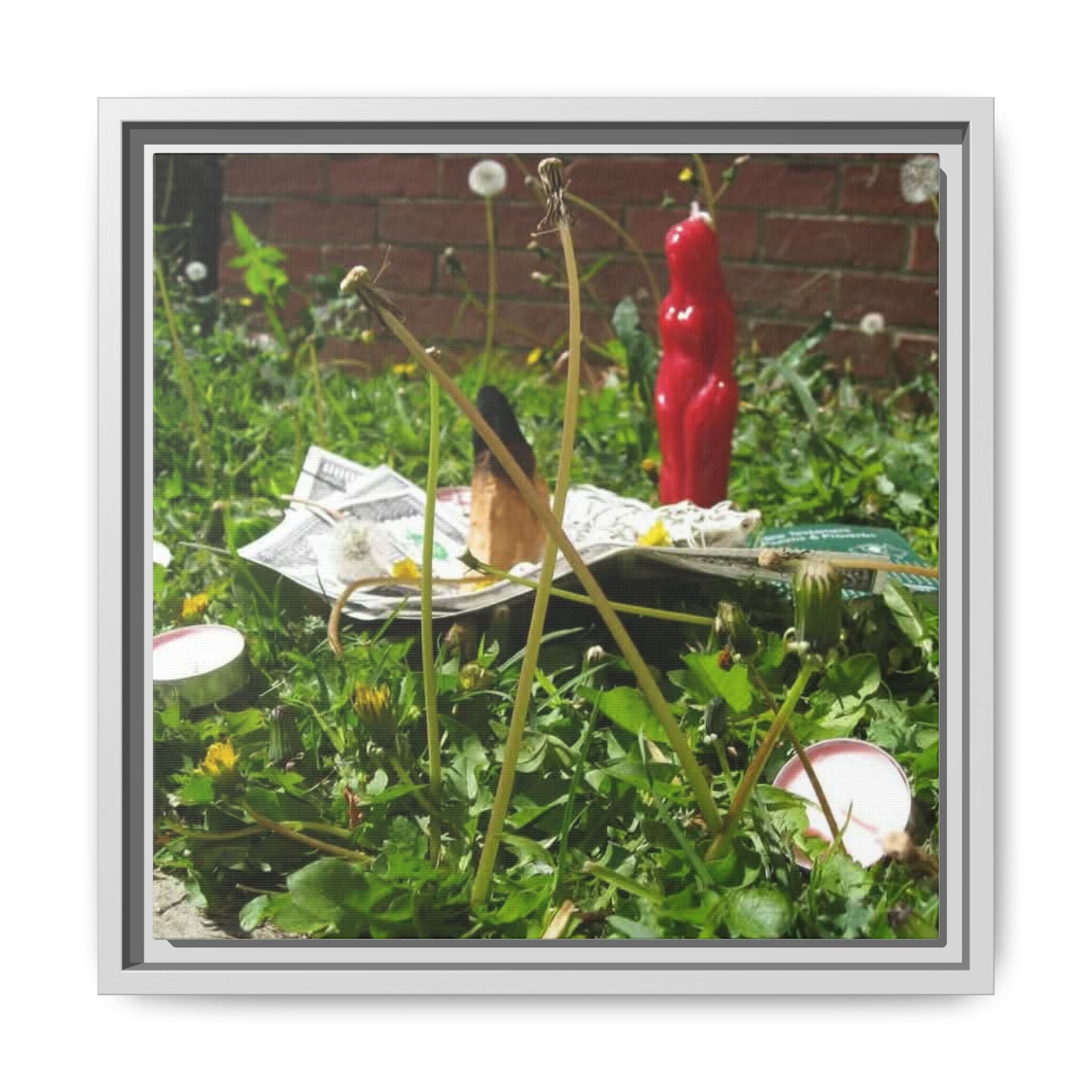 Framed Matte Canvas Print — Urban Garden Still Life with Red Figurine