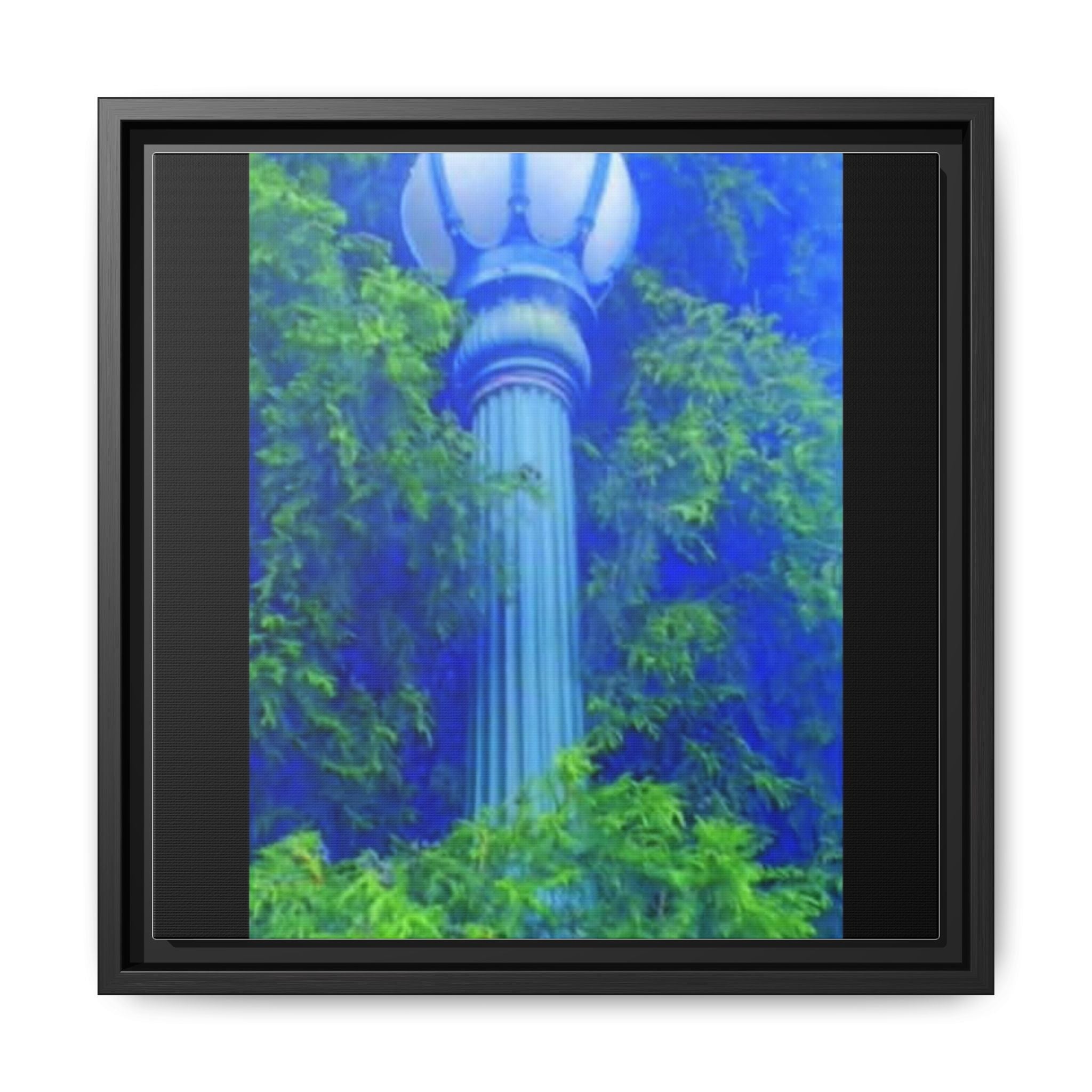 Framed Matte Canvas Print — Vintage Lamp Post in Lush Blue-Green Garden