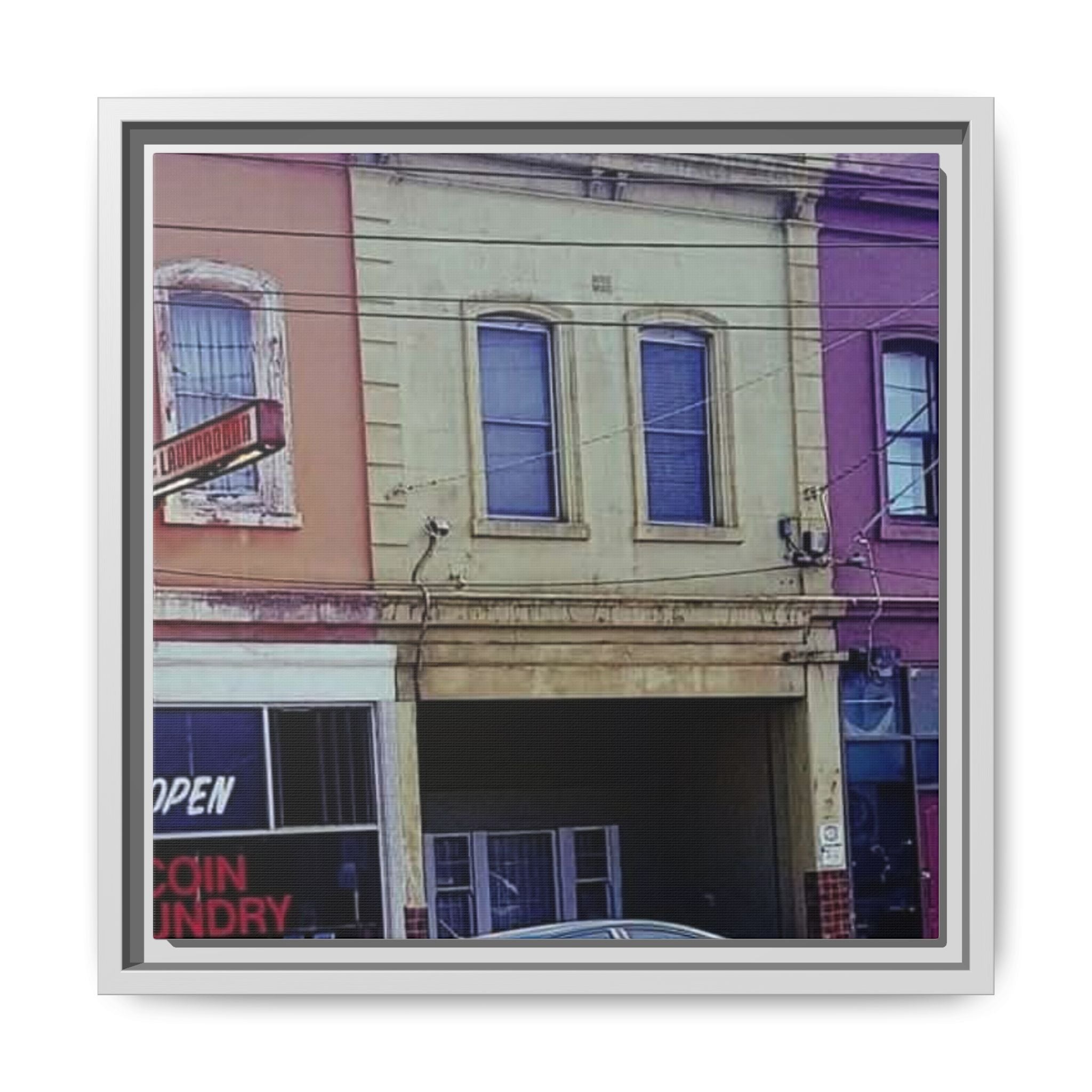 HIGH STREET, PRESTON Framed Matte Canvas Art — Colorful Vintage Shopfront Street Scene