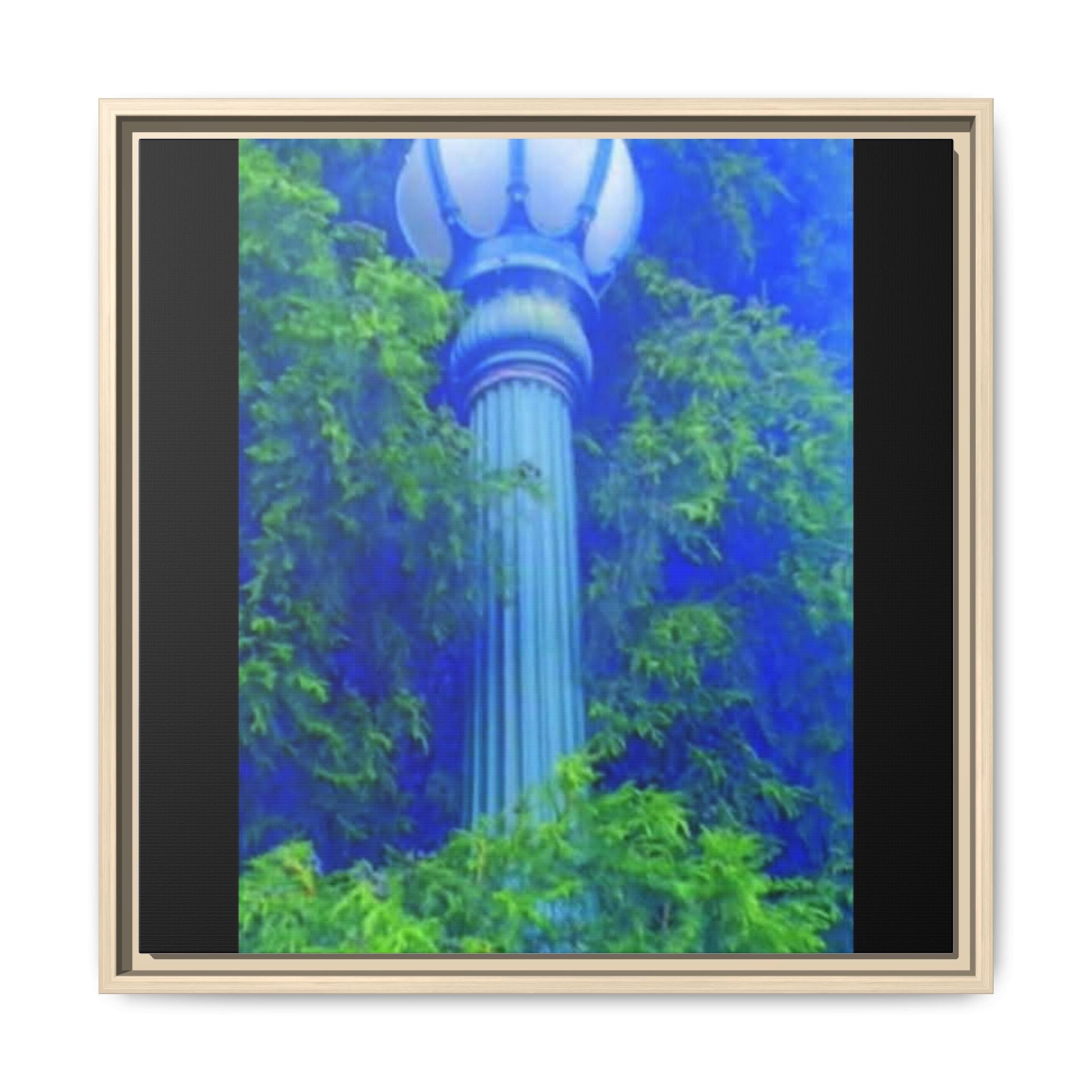 Framed Matte Canvas Print — Vintage Lamp Post in Lush Blue-Green Garden