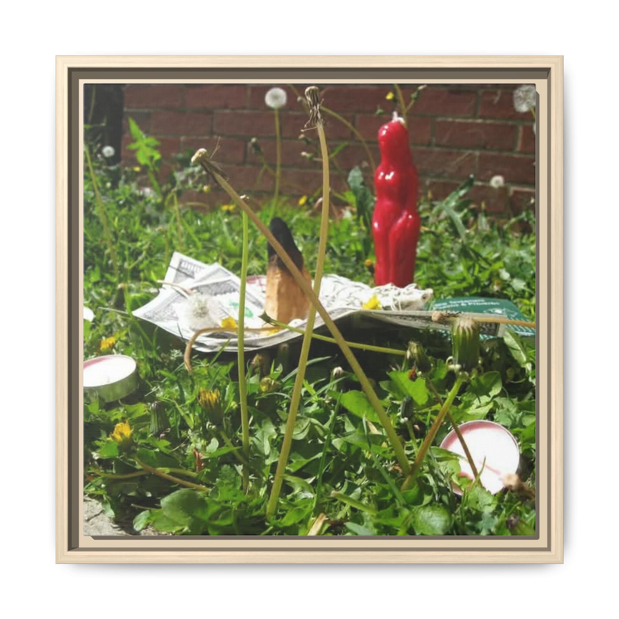 Framed Matte Canvas Print — Urban Garden Still Life with Red Figurine