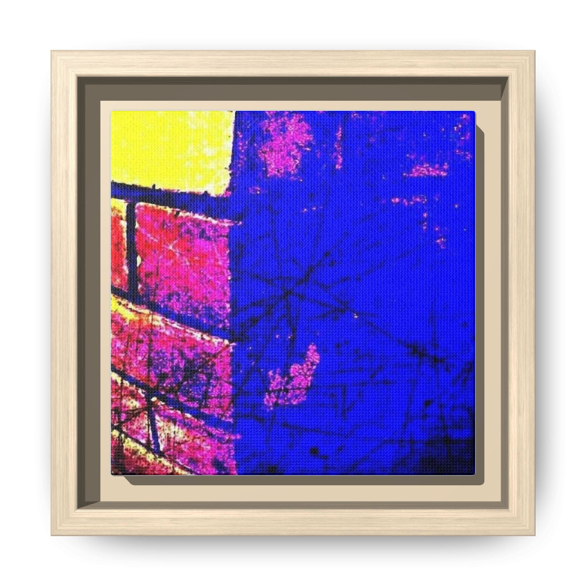 Abstract Pop Art Framed Canvas – Vibrant Blue & Neon Brick Wall Print