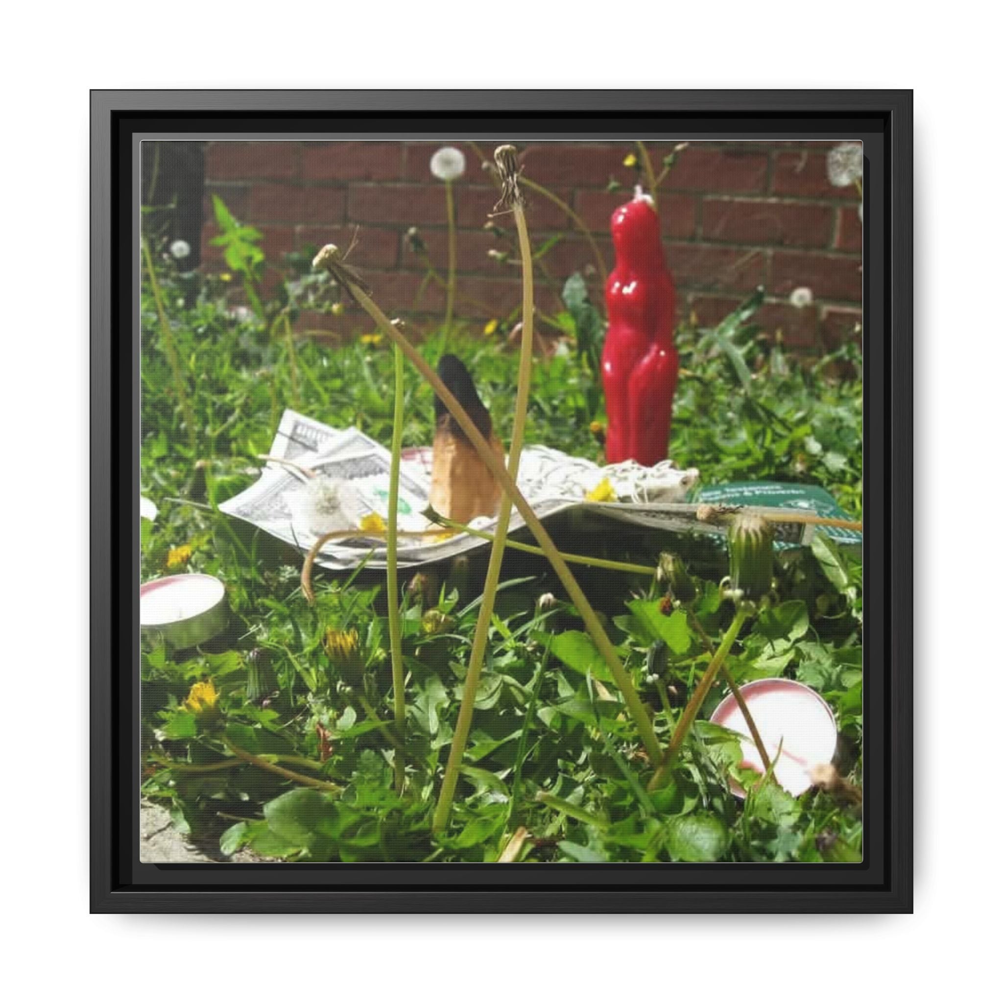 Framed Matte Canvas Print — Urban Garden Still Life with Red Figurine