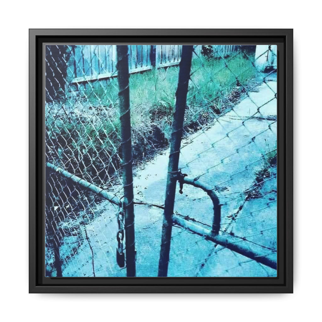 LOCKED AT THE GATES Framed Matte Canvas Wall Art — Blue Chain-Link Fence Photography