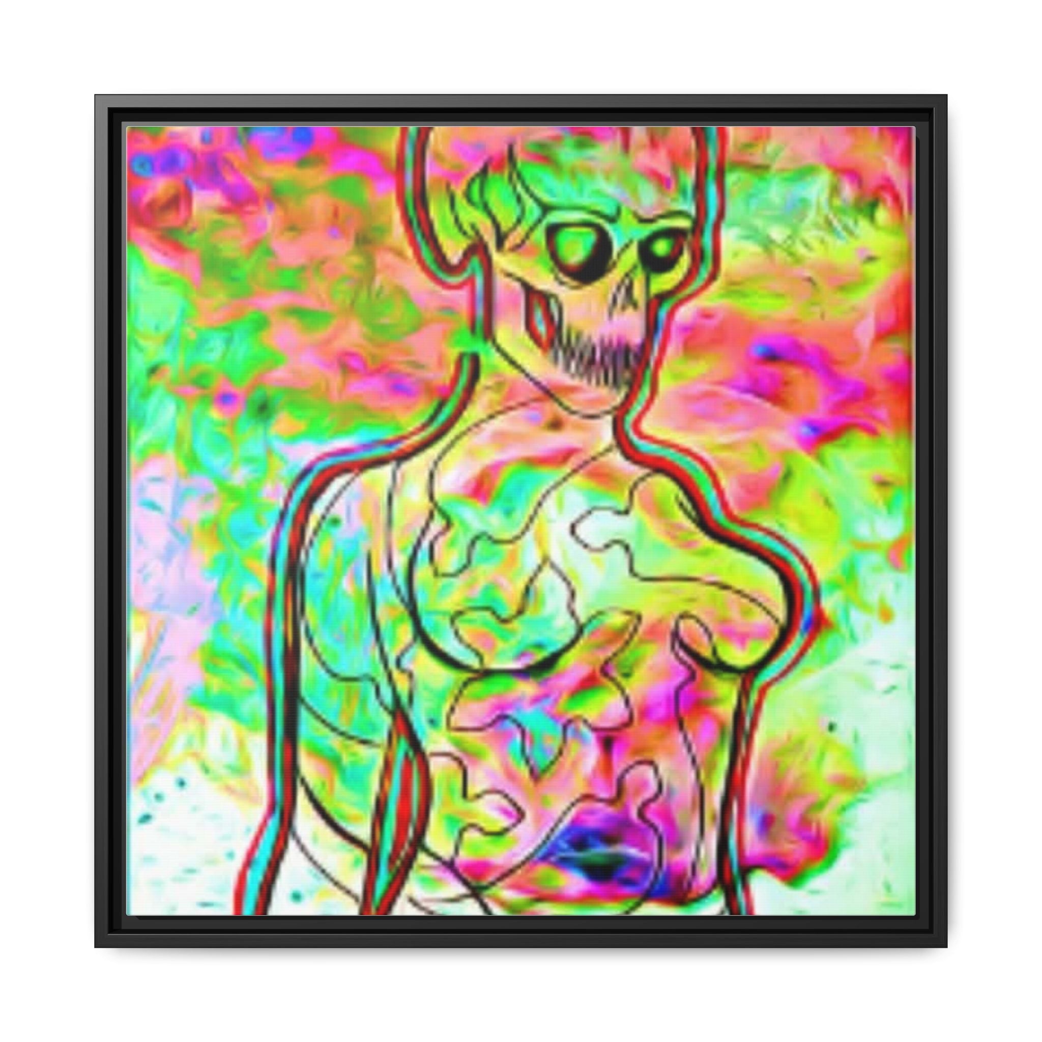 PSYCHEDELIC SKELETON Matte Framed Canvas — Neon Abstract Skull Art Print