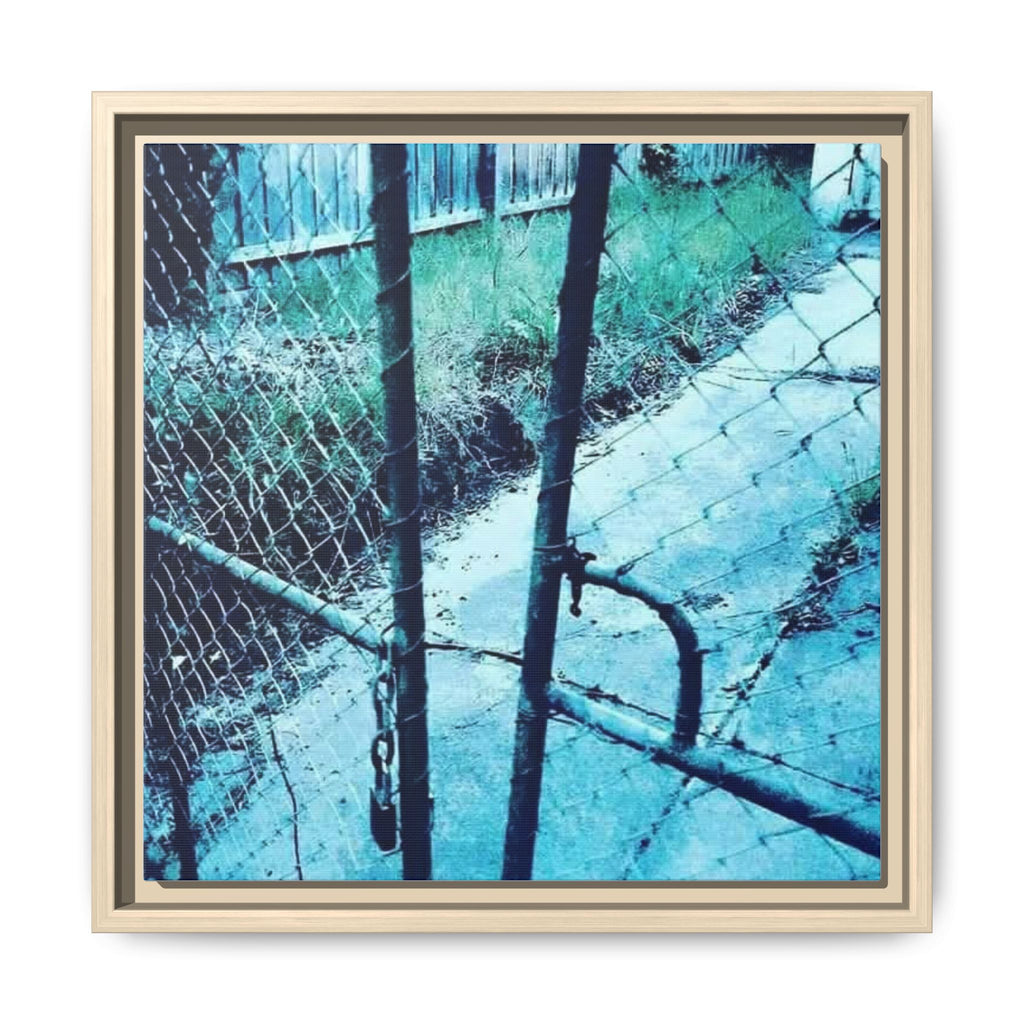 LOCKED AT THE GATES Framed Matte Canvas Wall Art — Blue Chain-Link Fence Photography