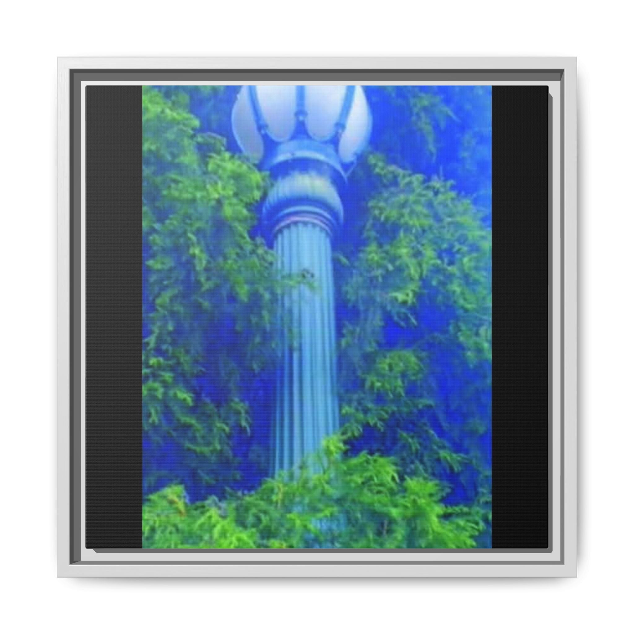 Framed Matte Canvas Print — Vintage Lamp Post in Lush Blue-Green Garden