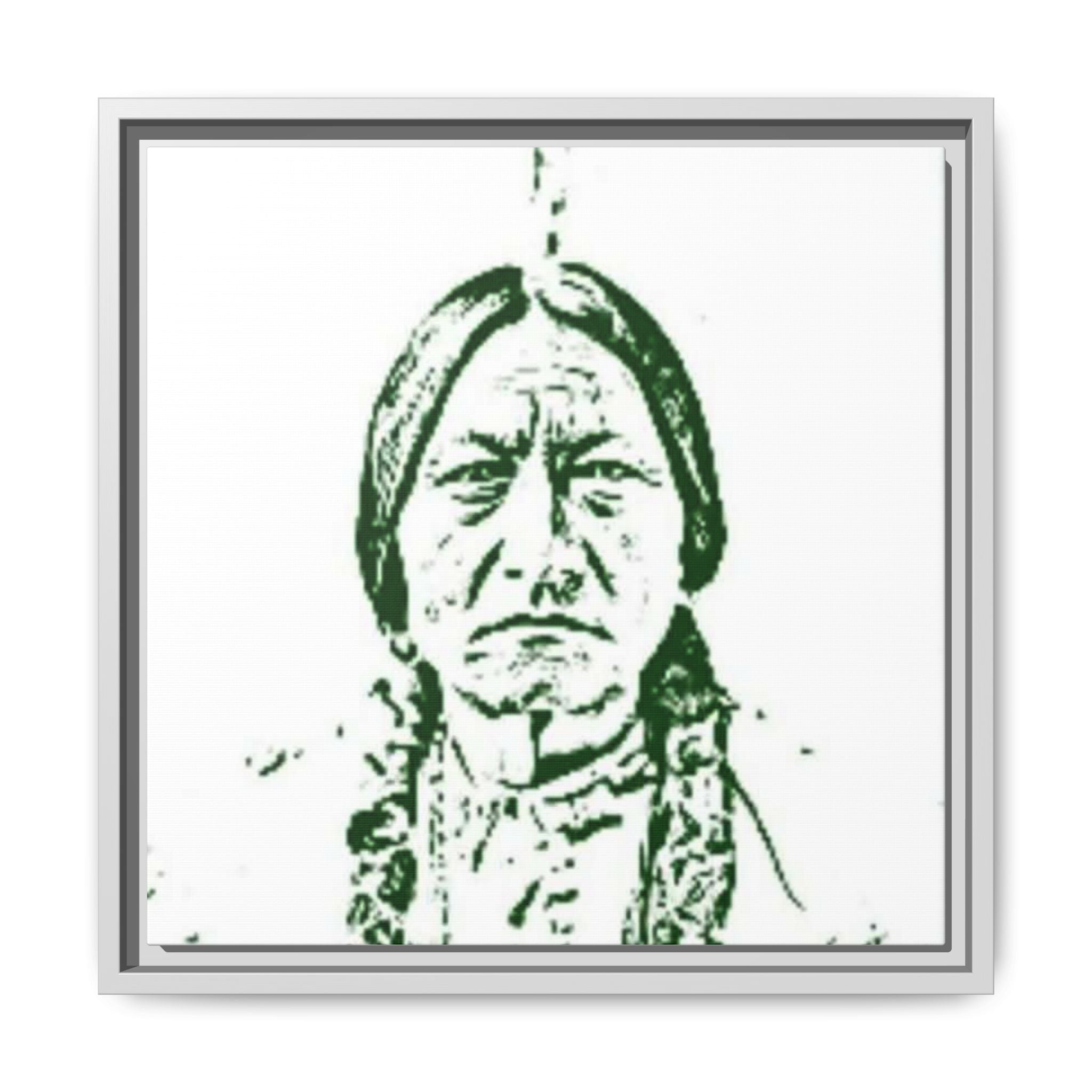 CHIEF Framed Matte Canvas Portrait – Green Sketch Native Warrior